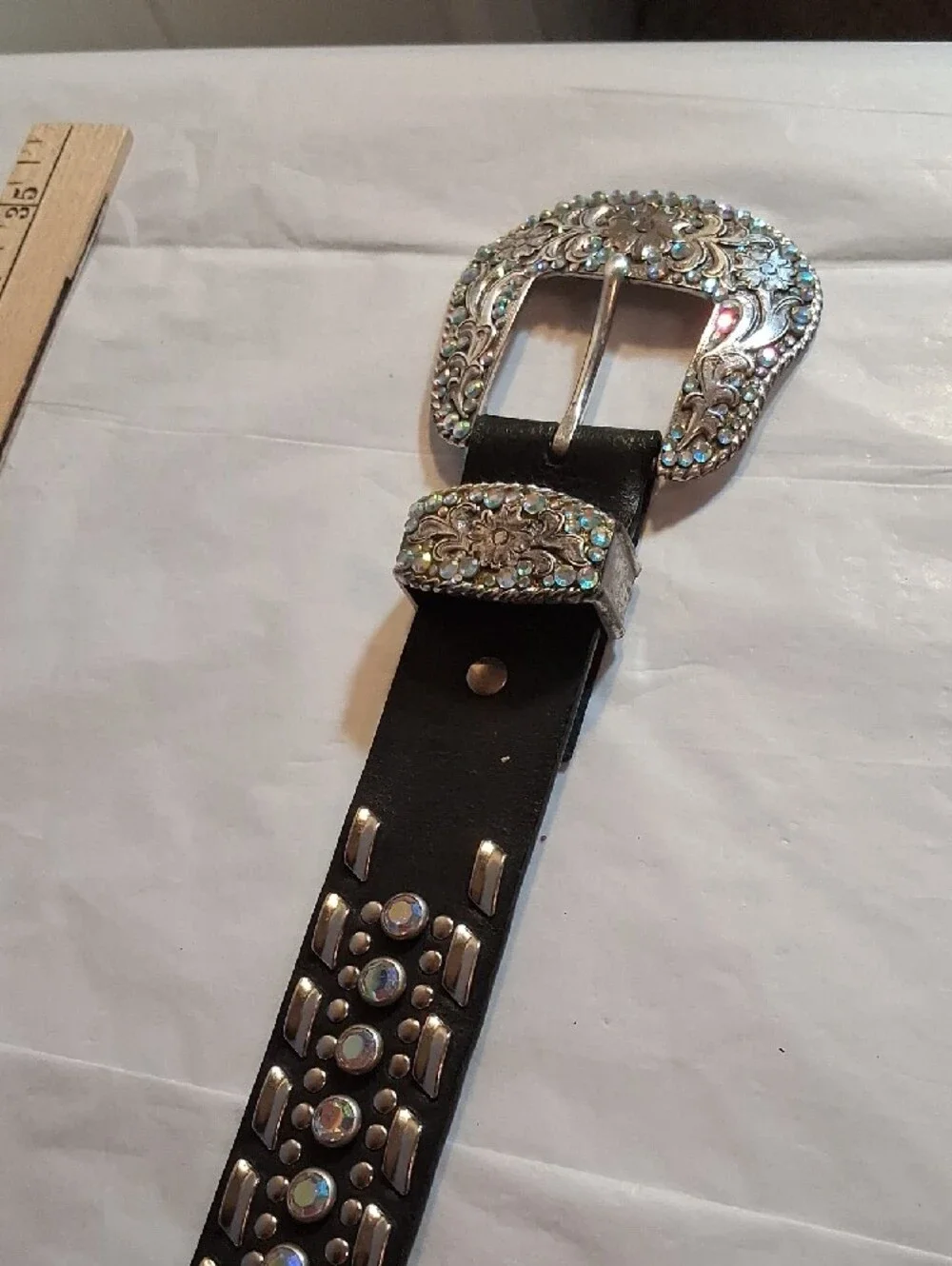 Black Rhinestone Western Belt with Ornate Silver Buckle - Nocona